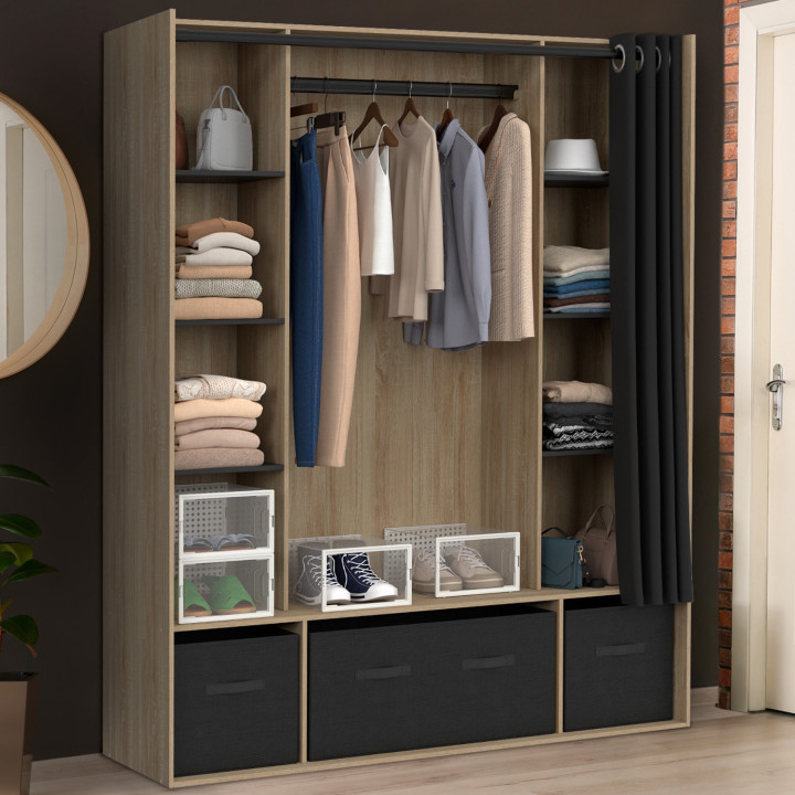 Armario doble 140 x 50 x 172 cm haya con estantes + cajas de almacenaje + cortina negra - DIANE | ¡Carro Zen! IDMarket