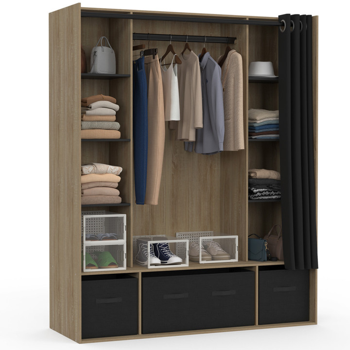Armario doble 140 x 50 x 172 cm haya con estantes + cajas de almacenaje + cortina negra - DIANE | ¡Carro Zen! IDMarket