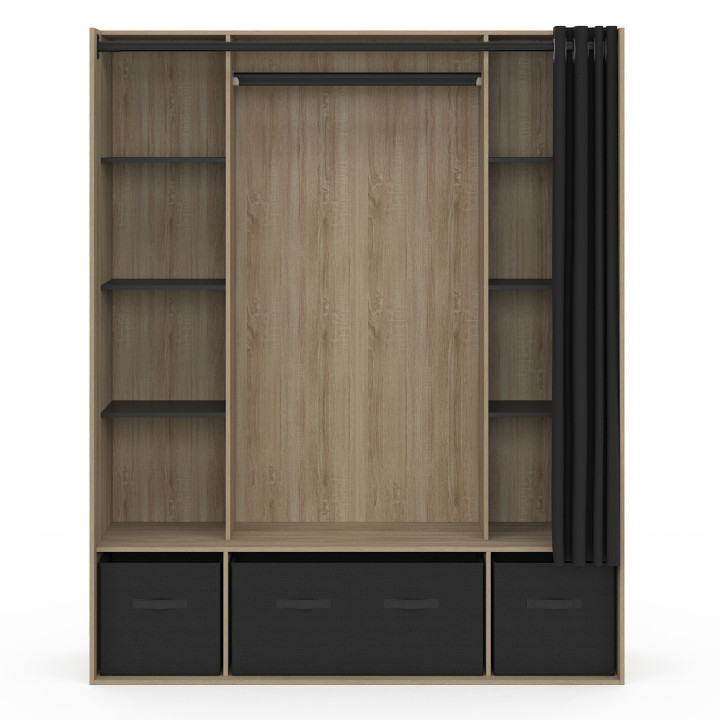 Armario doble 140 x 50 x 172 cm haya con estantes + cajas de almacenaje + cortina negra - DIANE | ¡Carro Zen! IDMarket