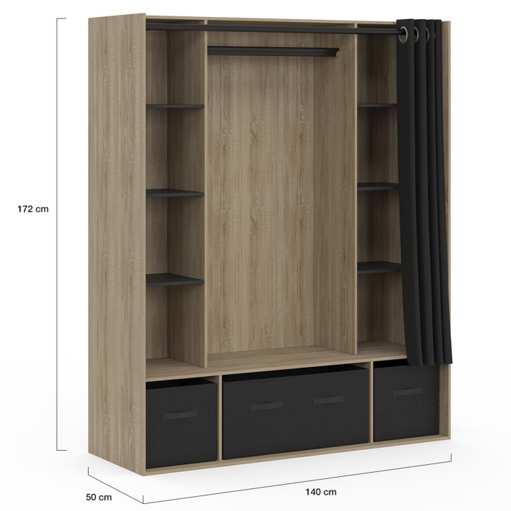 Armario doble 140 x 50 x 172 cm haya con estantes + cajas de almacenaje + cortina negra - DIANE | ¡Carro Zen! IDMarket