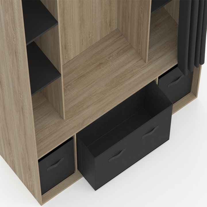 Armario doble 140 x 50 x 172 cm haya con estantes + cajas de almacenaje + cortina negra - DIANE | ¡Carro Zen! IDMarket