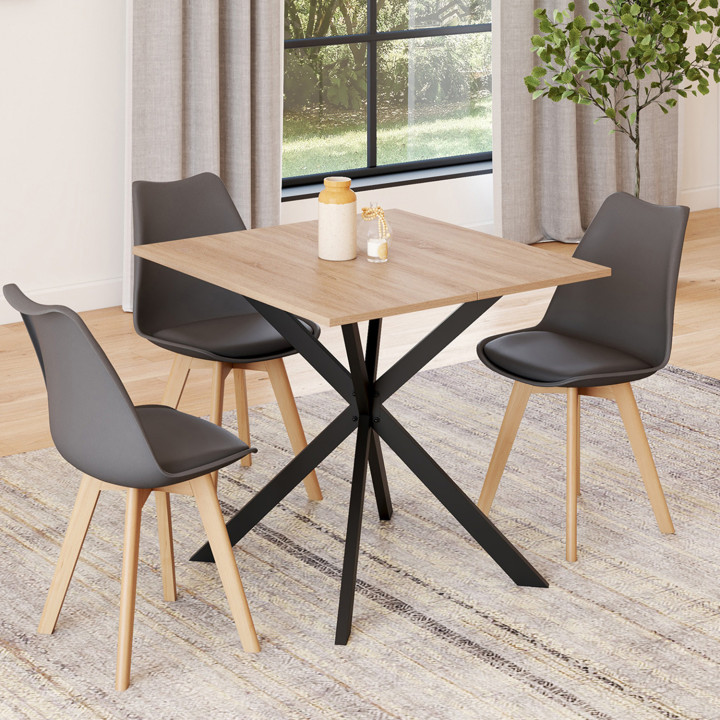 Table à Manger Carrée ALIX 80 Cm – Bois Et Métal Noir – Pied Araignée – Pour 4 Personnes – Style Industriel – À Monter Soi-même
