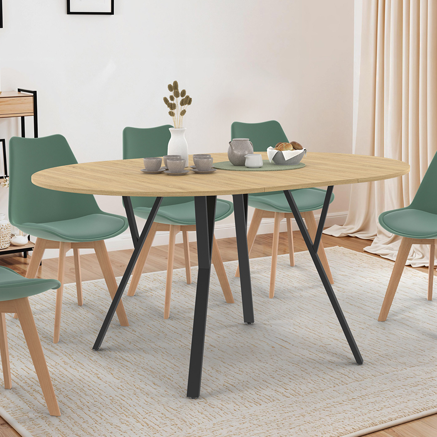 Table à manger ronde extensible 110-150 cm 4-8 personnes bois et noir design industriel