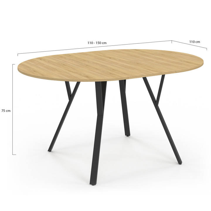 Mesa de comedor redonda extensible madera y negro 4-8 personas diseño industrial 110-150cm - YSEULT | ID Market