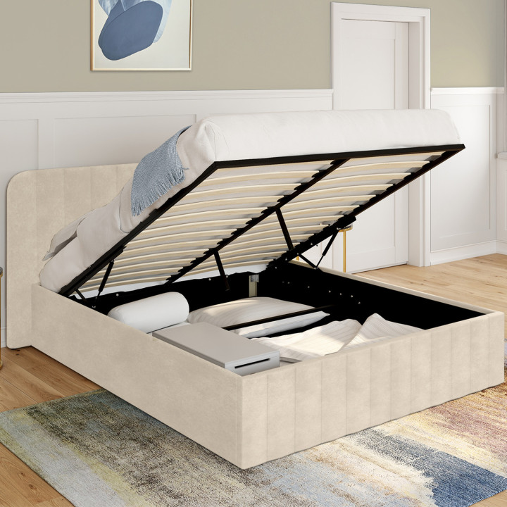 Doppelbett Kastenbett mit Kopfteil 160x200cm Velours beige - ALBA | ID Market