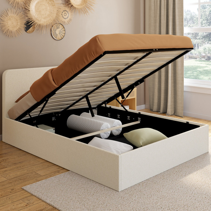 Cama doble con cabecero y somier 140x190cm tela bouclette - BRADFORD | ID Market