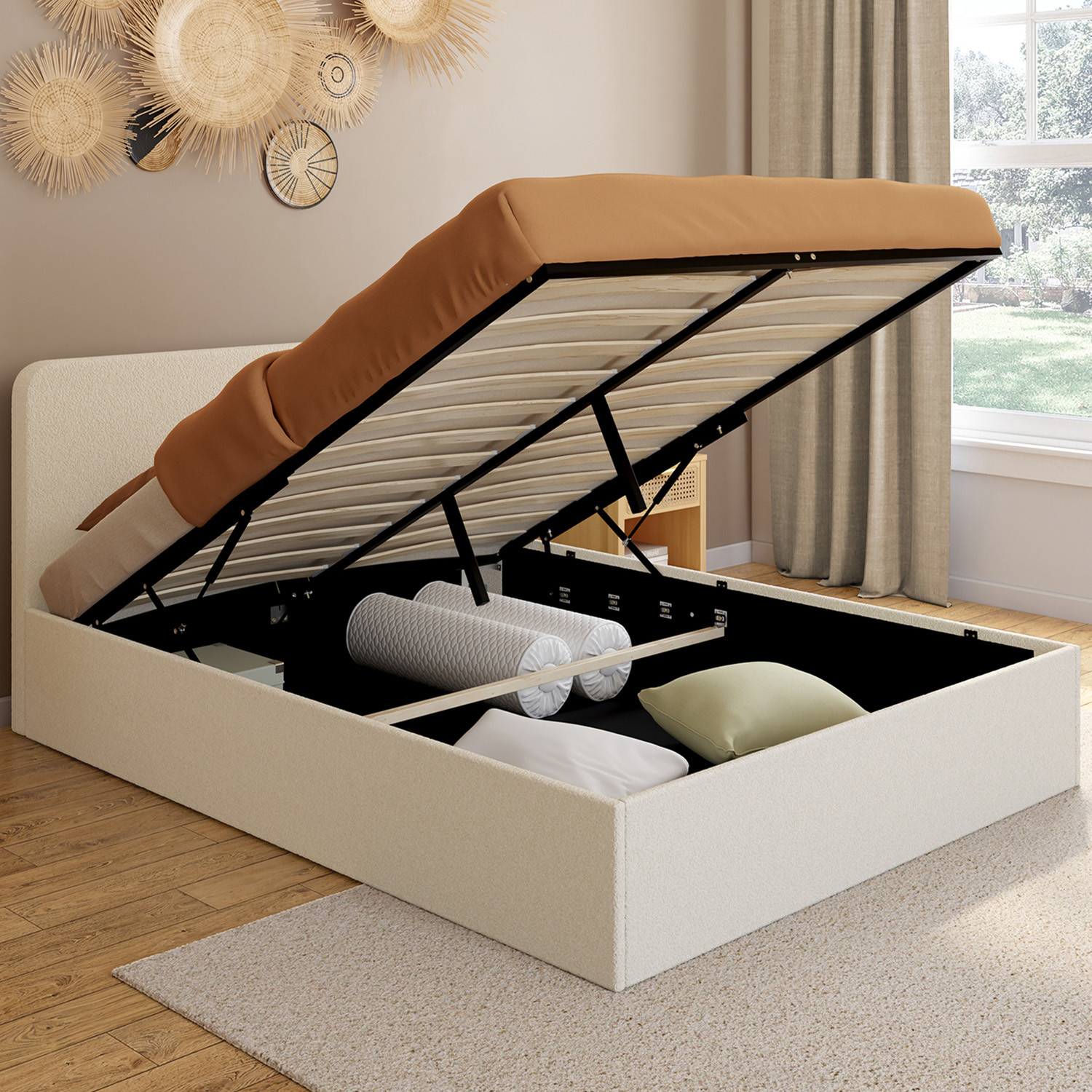 Lit double coffre de 140 x 190 cm en tissu bouclette avec des rangements XL, une tête de lit et un sommier