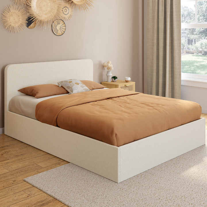 Cama doble con cabecero y somier 140x190cm tela bouclette - BRADFORD | ID Market