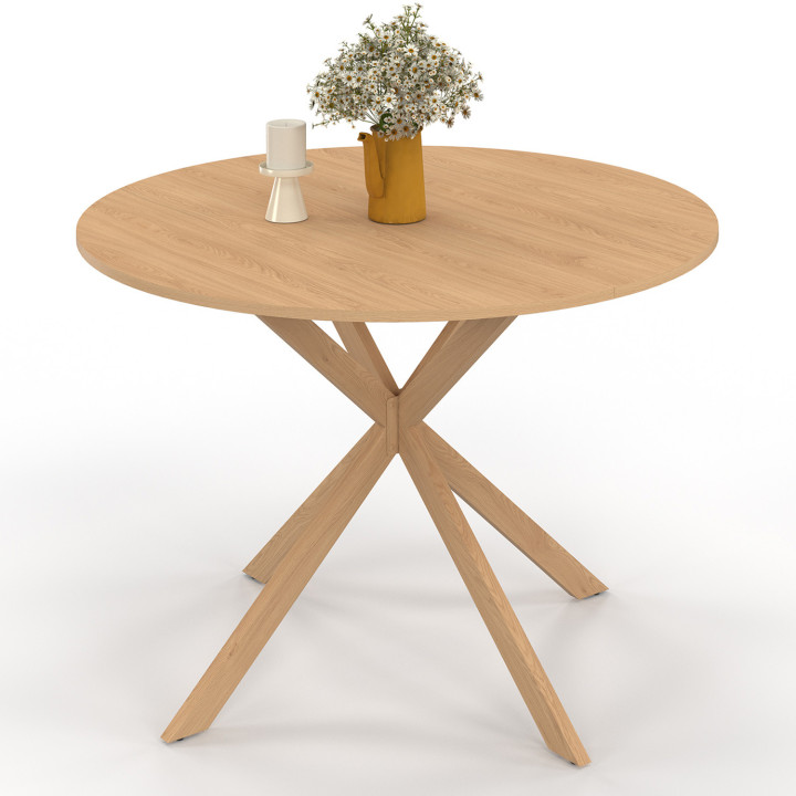 Mesa de comedor redonda 6 personas 110cm pata de araña madera efecto haya - ALIX | ID Market