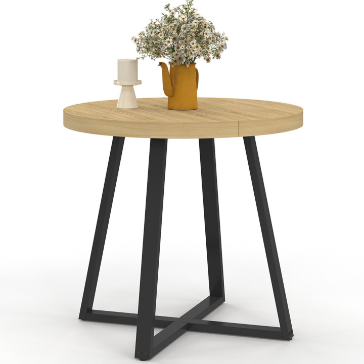 Mesa de comedor redonda de madera para 4 personas con patas negras 80cm - SELMA | ID Market