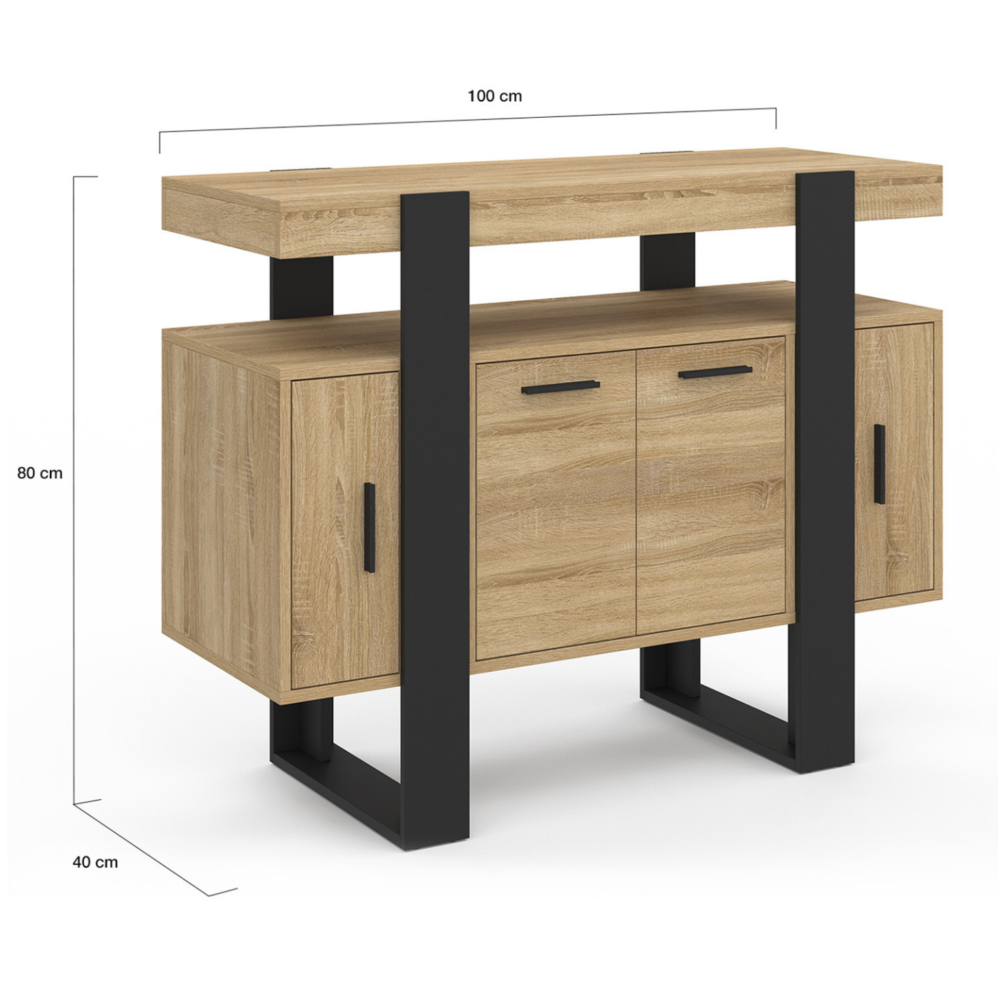 Sideboard aus Holz und Schwarz 100cm 4 Türen mit Regal - PHOENIX
