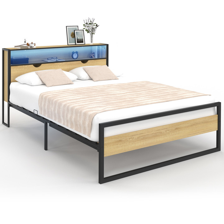 Cama de matrimonio con cabecero LED integrado somier 140x190cm madera y metal negro diseño industrial - DETROIT | ID Market