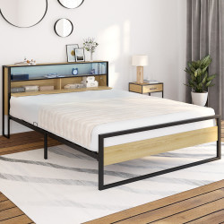 Cama de matrimonio con cabecero LED integrado somier 140x190cm madera y metal negro diseño industrial - DETROIT | ID Market