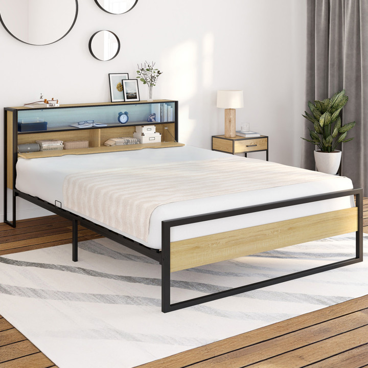 Cama de matrimonio con cabecero LED integrado somier 140x190cm madera y metal negro diseño industrial - DETROIT | ID Market