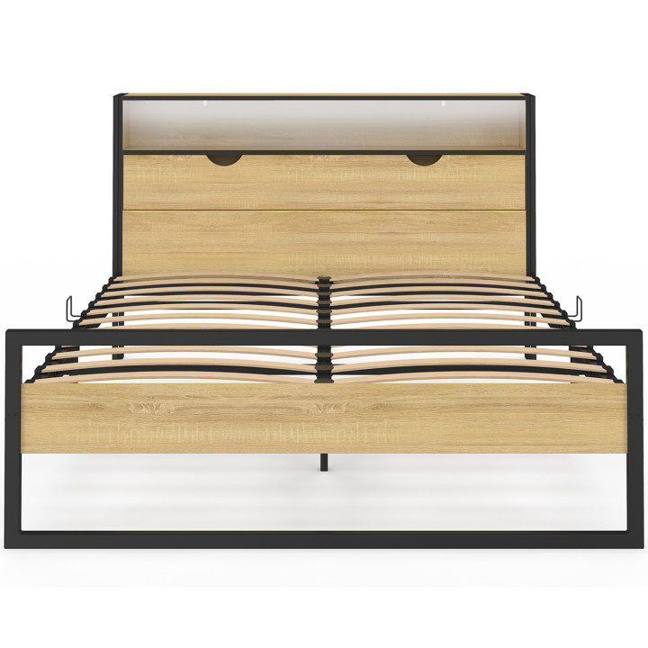 Cama de matrimonio con cabecero LED integrado somier 140x190cm madera y metal negro diseño industrial - DETROIT | ID Market