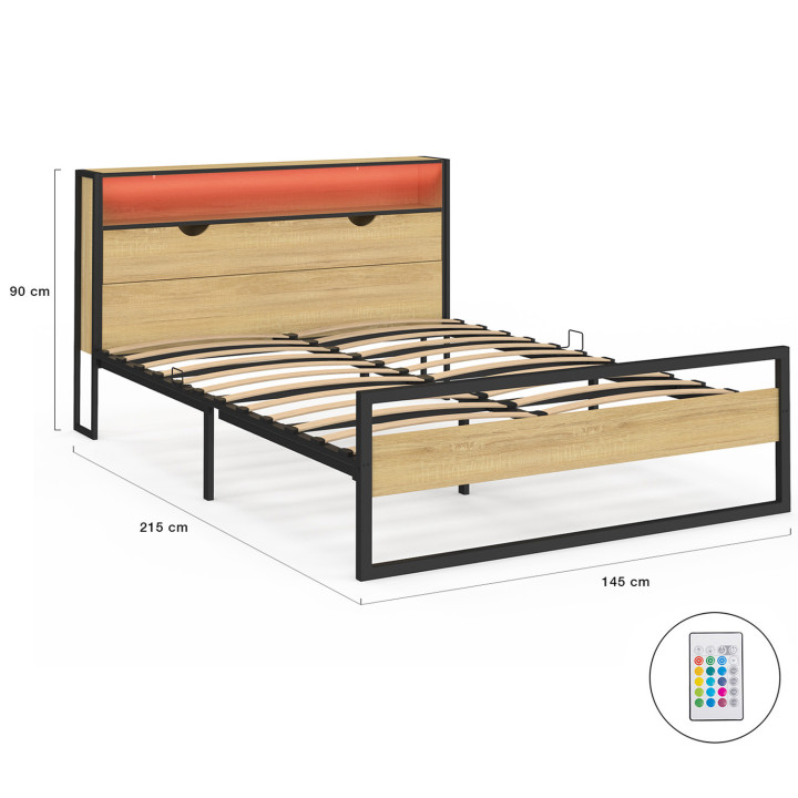 Cama de matrimonio con cabecero LED integrado somier 140x190cm madera y metal negro diseño industrial - DETROIT | ID Market