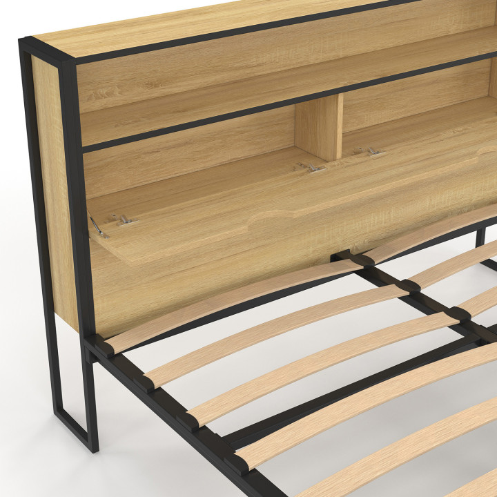 Cama de matrimonio con cabecero LED integrado somier 140x190cm madera y metal negro diseño industrial - DETROIT | ID Market