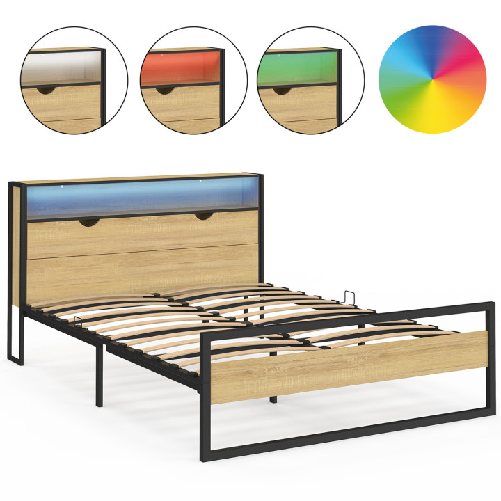 Cama de matrimonio con cabecero LED integrado somier 140x190cm madera y metal negro diseño industrial - DETROIT | ID Market