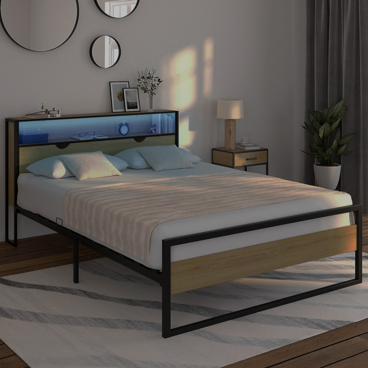 Cama de matrimonio con cabecero LED integrado somier 140x190cm madera y metal negro diseño industrial - DETROIT | ID Market