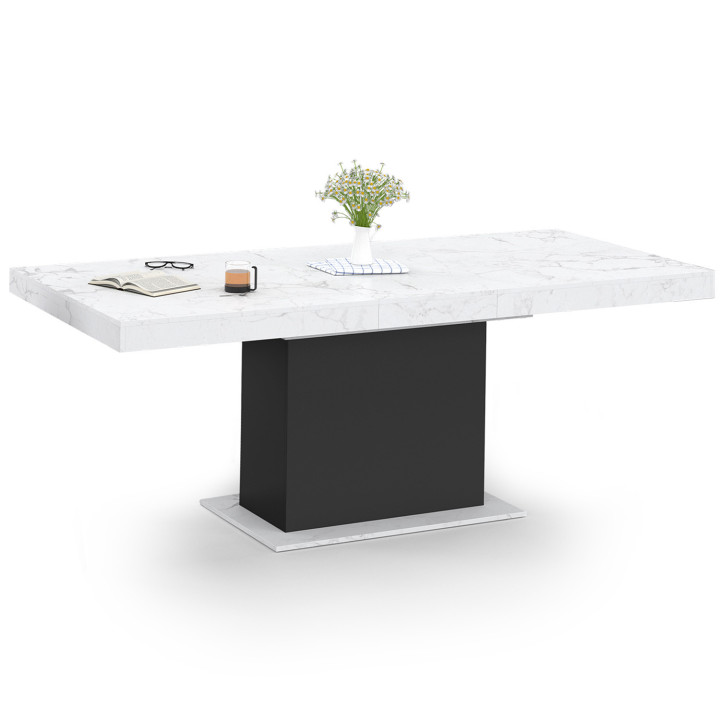 Mesa de comedor extensible 6-10 personas tablero blanco efecto mármol pata negra 160-200cm - EDEN | ID Market