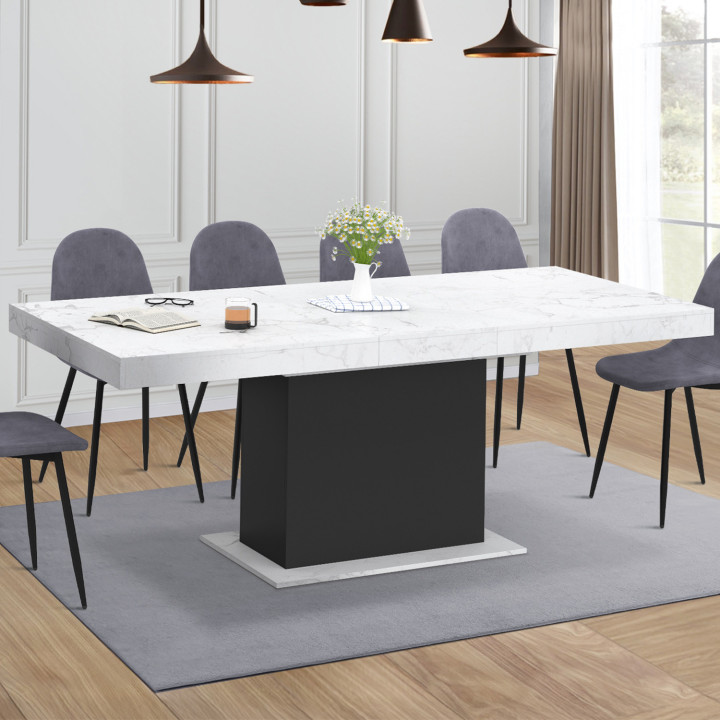 Mesa de comedor extensible 6-10 personas tablero blanco efecto mármol pata negra 160-200cm - EDEN | ID Market