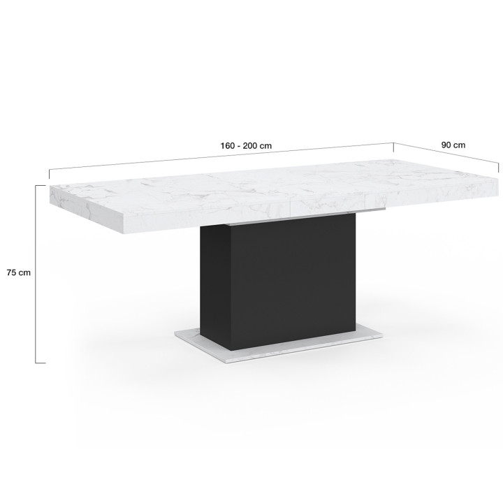Mesa de comedor extensible 6-10 personas tablero blanco efecto mármol pata negra 160-200cm - EDEN | ID Market