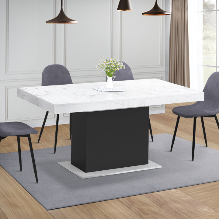 Mesa de comedor extensible 6-10 personas tablero blanco efecto mármol pata negra 160-200cm - EDEN | ID Market
