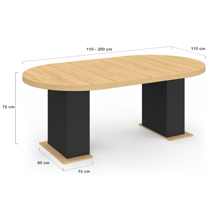 Mesa de comedor redonda extensible madera y negro 4-10 personas 110-200cm - EDEN | ID Market