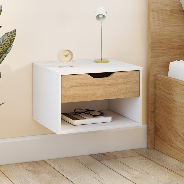 Mesillas de noche murales en haya y blanco 1 cajón con nicho - CATHY | ID Market