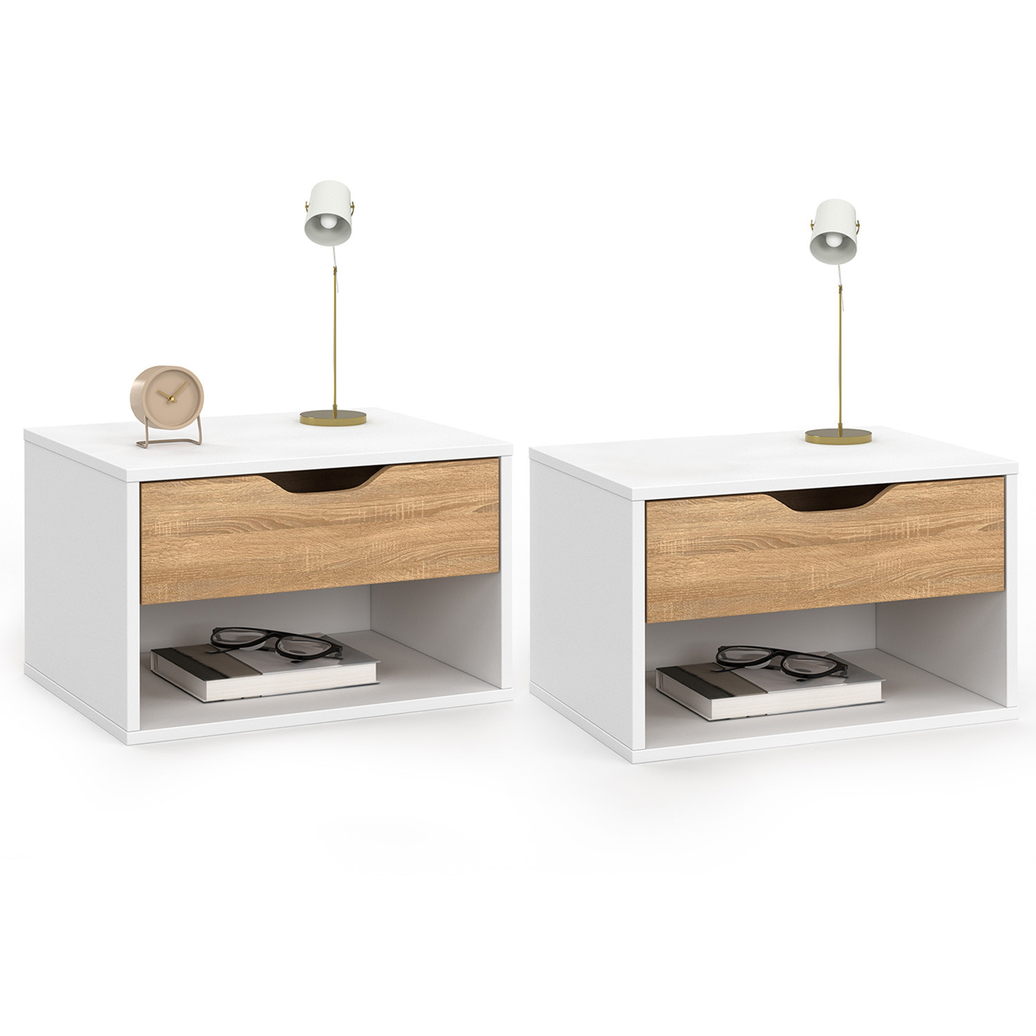 Lot de 2 tables de chevet suspendues 1 tiroir avec niche en bois façon hêtre et blanc