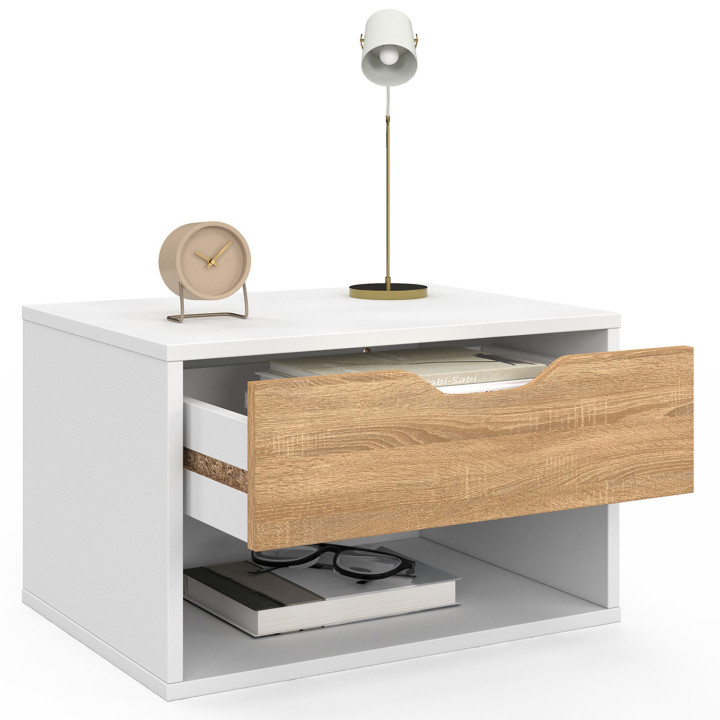 Mesillas de noche murales en haya y blanco 1 cajón con nicho - CATHY | ID Market