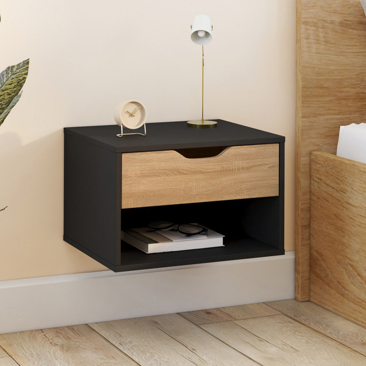 Mesillas de noche murales en haya y negro 1 cajón con nicho - CATHY | ID Market