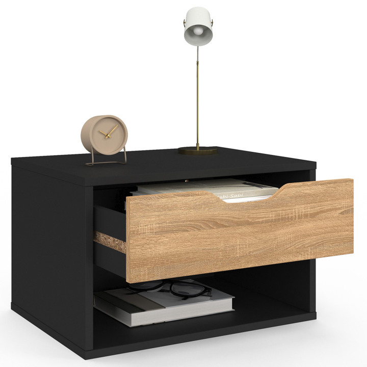 Mesillas de noche murales en haya y negro 1 cajón con nicho - CATHY | ID Market