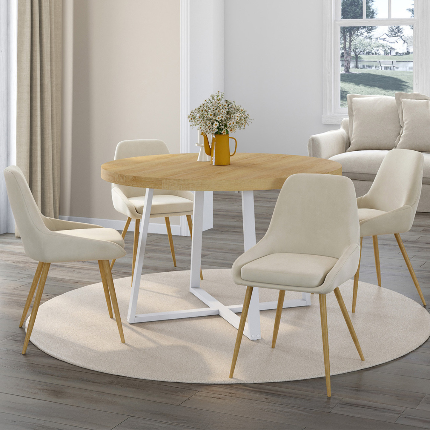 Lot De 4 Chaises De Salle à Manger THALYA En Velours Beige - Design Vintage Avec Pieds Effet Bois Et Accoudoirs