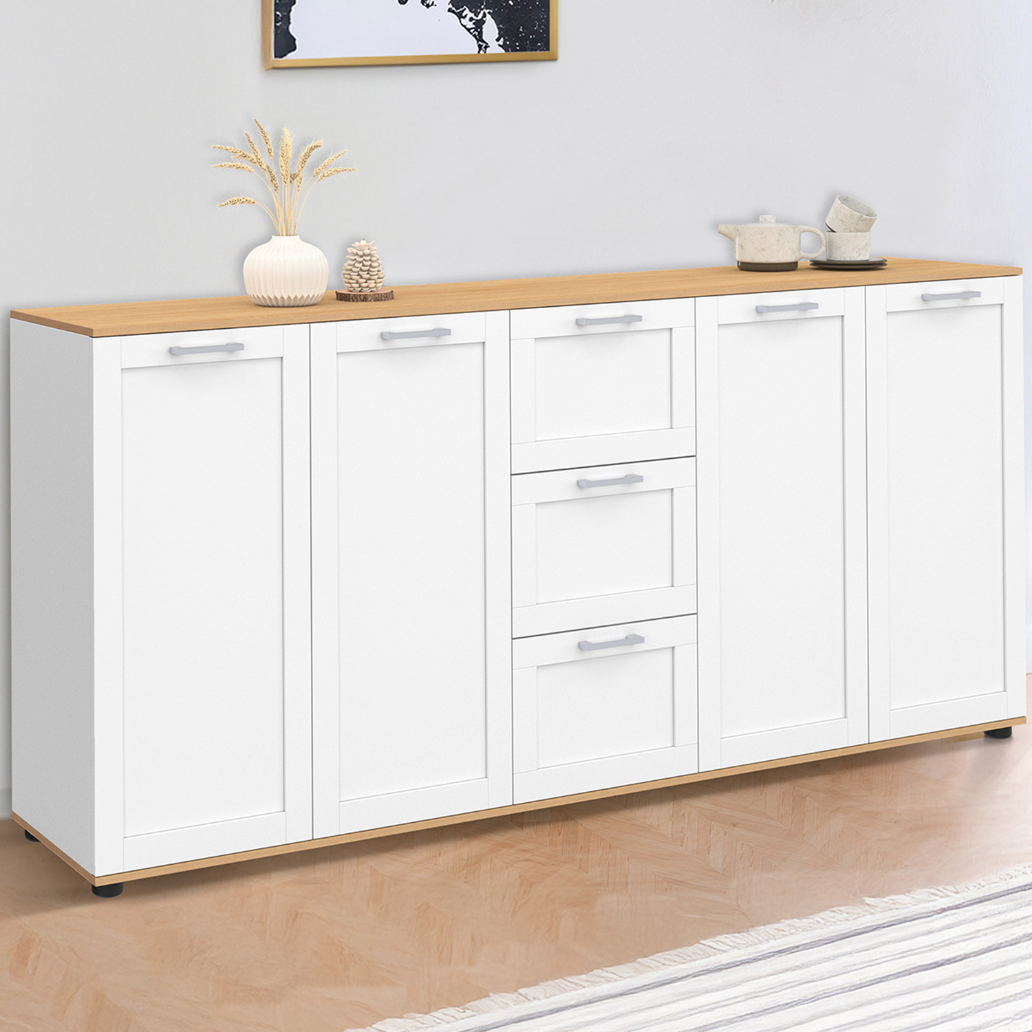 Buffet 180 cm XXL 4 portes avec 3 tiroirs bois et blanc