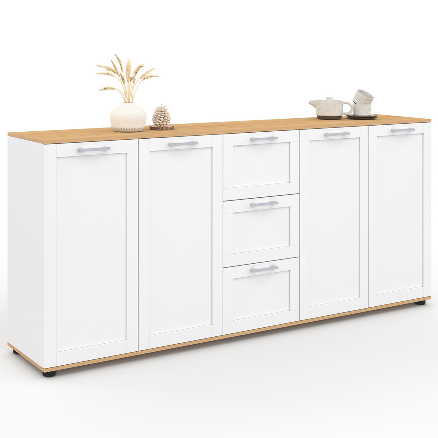 Sideboard 180 cm XXL 4 Türen mit 3 Schubladen Holz und weiß - VITO