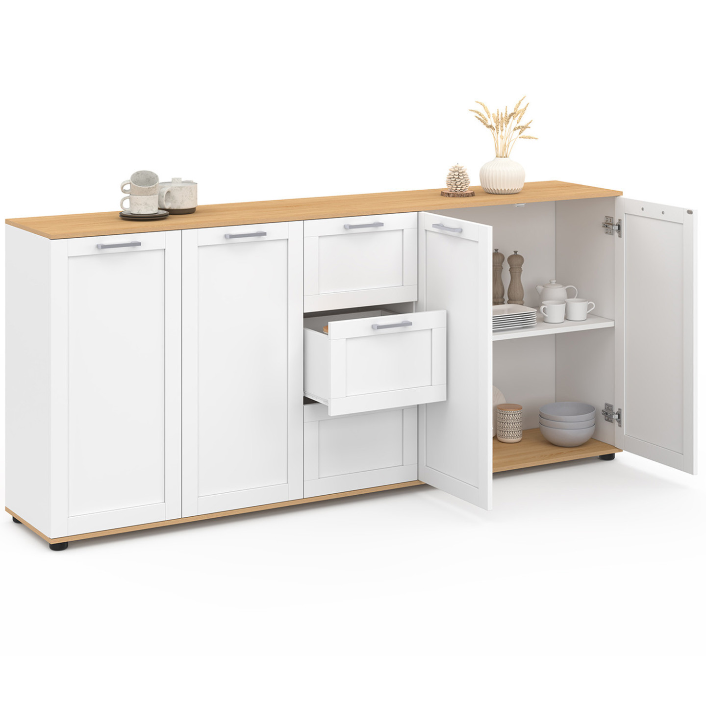 Sideboard 180 cm XXL 4 Türen mit 3 Schubladen Holz und weiß - VITO