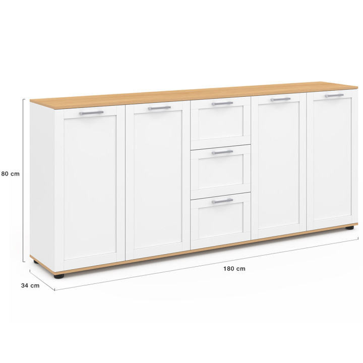 Buffet 180 cm XXL 4 puertas con 3 cajones madera y blanco - VITO | IDMarket