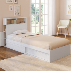 Lit simple CLEM avec rangement, tête de lit et sommier 90 x 190 cm blanc et hêtre