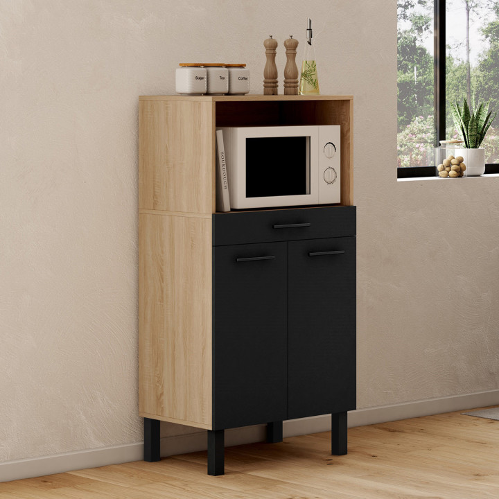 ¡Aparador de cocina medio alto para microondas con cajón y puertas en haya y negro - CINA | Zen Cart! IDMarket