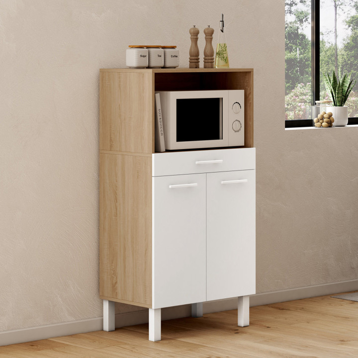 Mueble de cocina media altura para microondas con cajón y puertas haya y blanco - CINA | España IDMarket