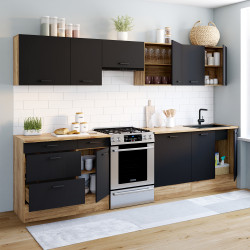 16583 - Komplette Küche mit Topfunterschrank und Arbeitsplatte aus Holz und Schwarz Komplette Küche mit Frontauszug und Arbeitsplatte aus Holz und Schwarz - SUBTIL |ID Market