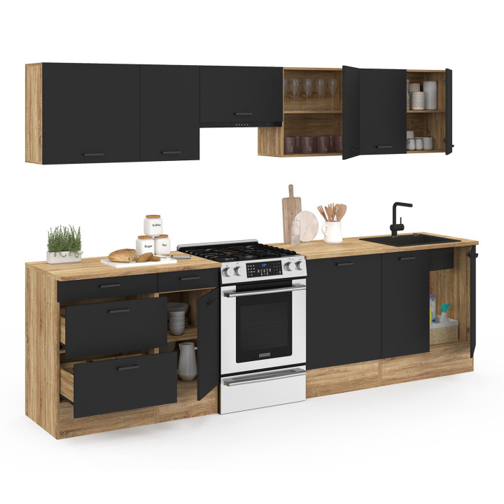 Komplette Küche mit Frontauszug und Arbeitsplatte aus Holz und Schwarz - SUBTIL |ID Market