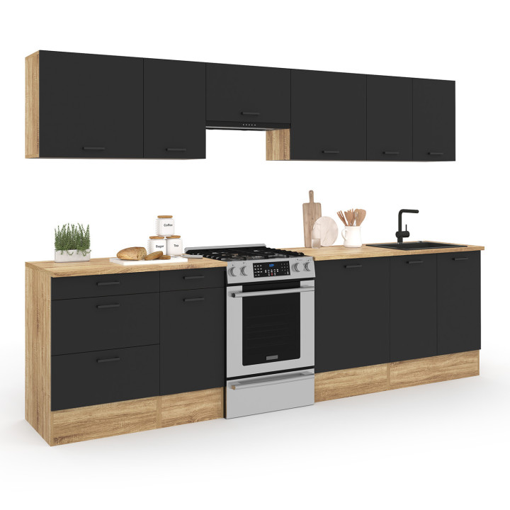 Komplette Küche mit Frontauszug und Arbeitsplatte aus Holz und Schwarz - SUBTIL |ID Market