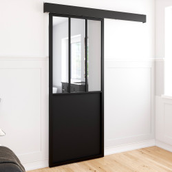 Kit porte coulissante verrière 83 cm en métal + MDF avec rail et fixations