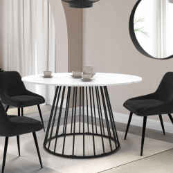 Table à manger ronde YUNA 6 personnes pied filaire en métal noir et plateau effet marbre blanc ALASKA 110 cm