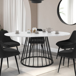 Table à manger extensible ronde YUNA 4-8 personnes plateau effet marbre blanc ALASKA et noir 110 - 150 cm