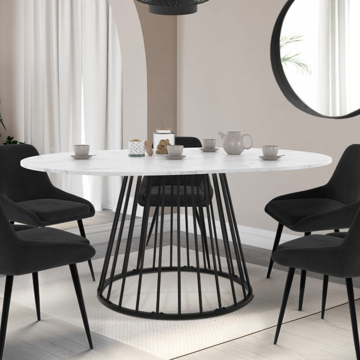 Tavolo da pranzo rotondo allungabile 4-8 persone 110-150cm piano effetto marmo bianco e gamba nera - YUNA | Zen Cart! IDMarket