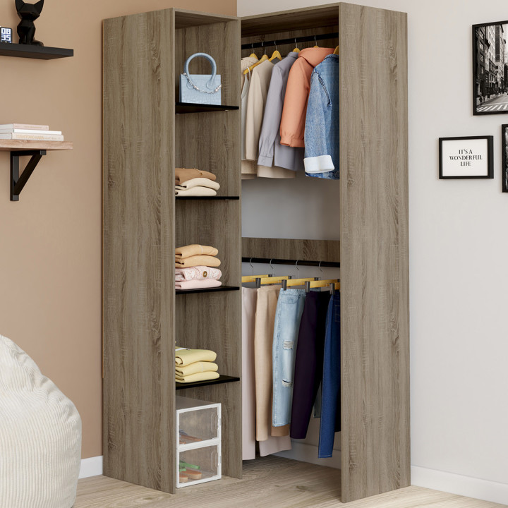 Armario esquinero modular L. 90 / 127 cm armario doble + estantes madera y negro - MELMAN | España IDMarket