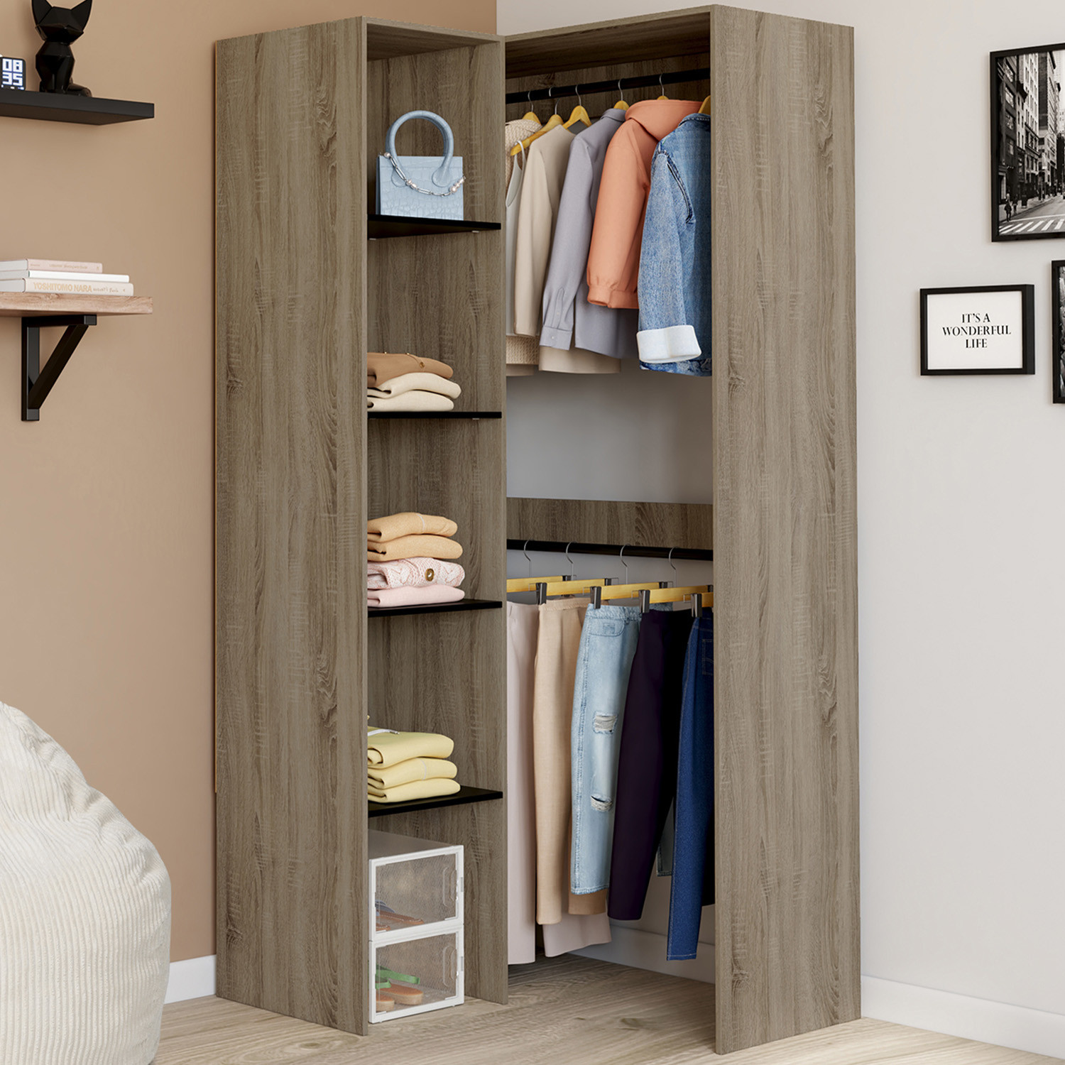 Dressing d’angle modulable de L. 90/127 cm avec double penderie et étagères